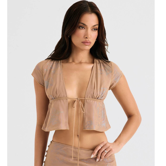 House of CB Tops - House of CB Maia Shimmer Cafe Au Lait Tie Front Top Small